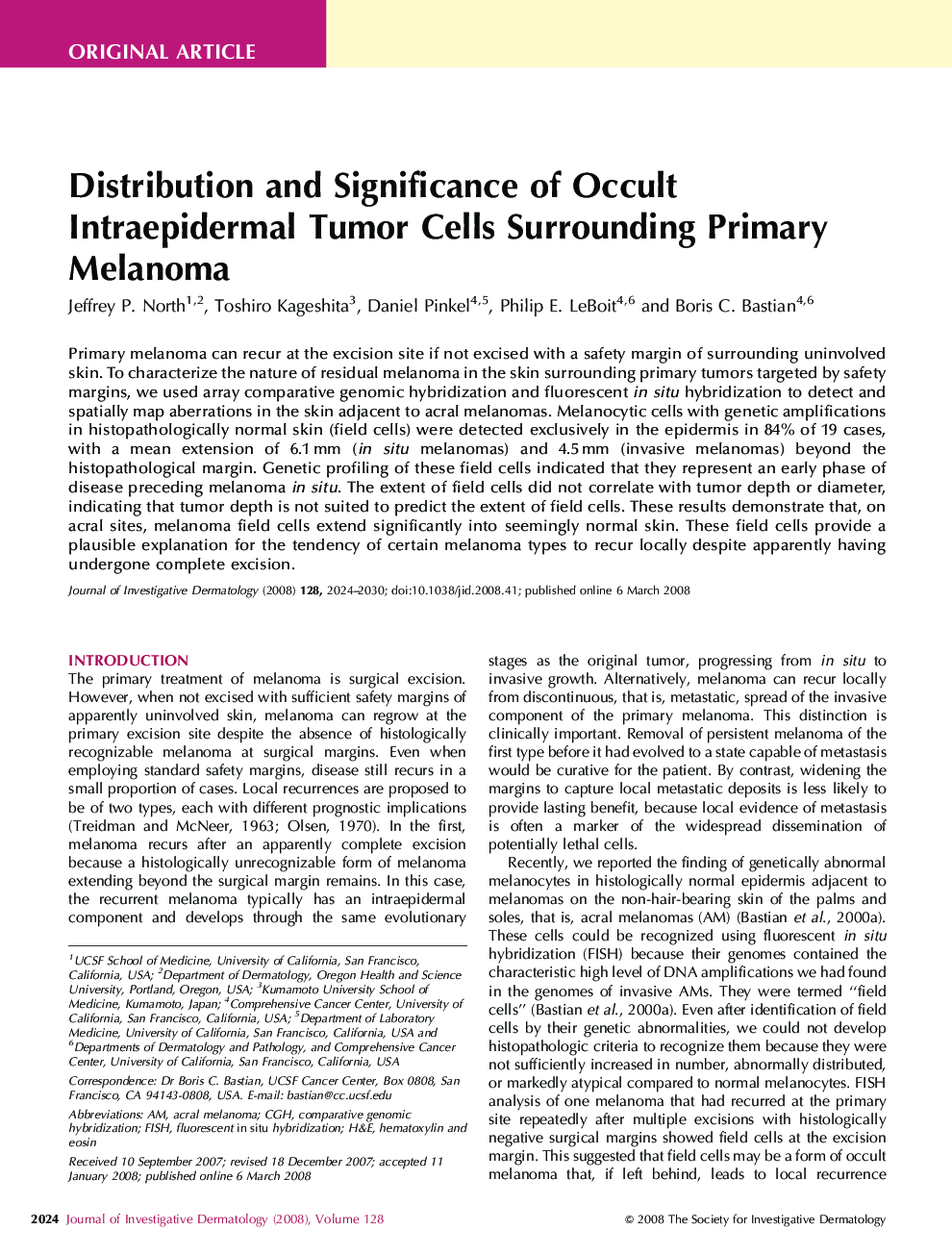 Distribution and Significance of Occult Intraepidermal Tumor Cells Surrounding Primary Melanoma