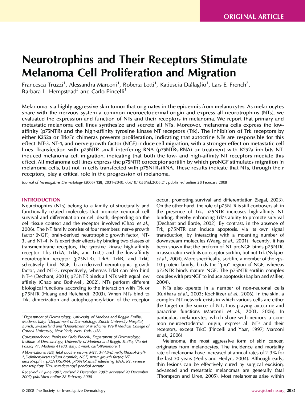 Neurotrophins and Their Receptors Stimulate Melanoma Cell Proliferation and Migration