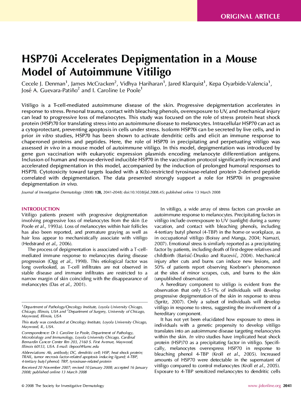 HSP70i Accelerates Depigmentation in a Mouse Model of Autoimmune Vitiligo 