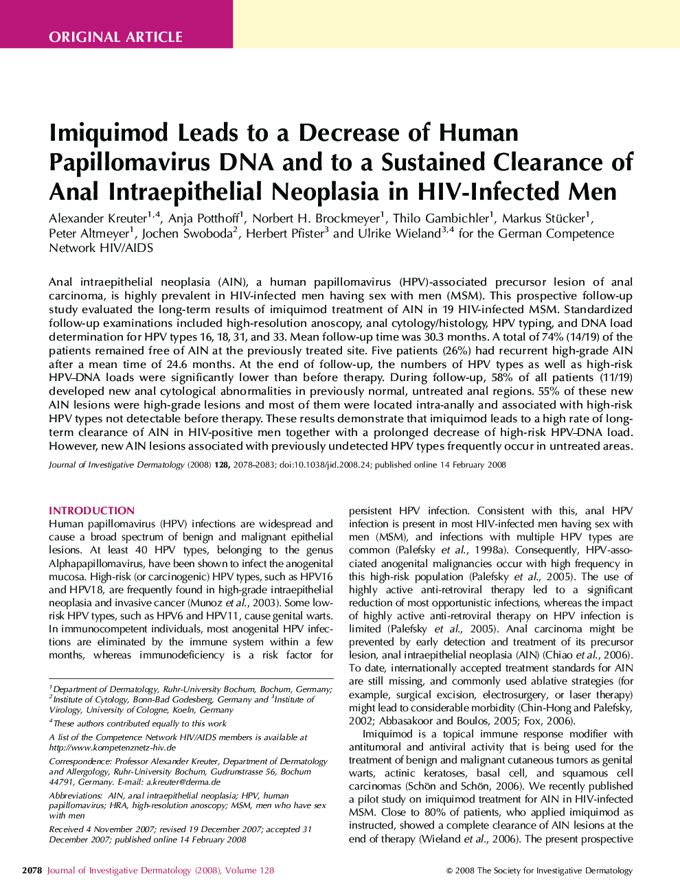 Imiquimod Leads to a Decrease of Human Papillomavirus DNA and to a Sustained Clearance of Anal Intraepithelial Neoplasia in HIV-Infected Men 