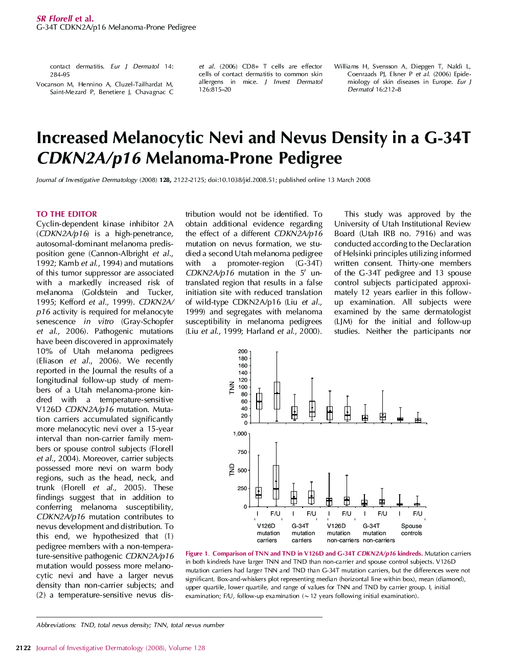 Increased Melanocytic Nevi and Nevus Density in a G-34T CDKN2A/p16 Melanoma-Prone Pedigree