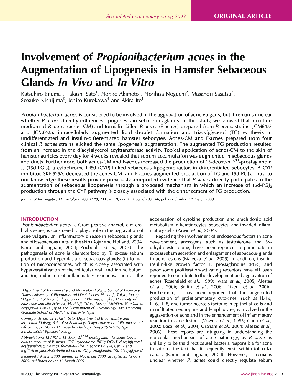 Involvement of Propionibacterium acnes in the Augmentation of Lipogenesis in Hamster Sebaceous Glands In Vivo and In Vitro