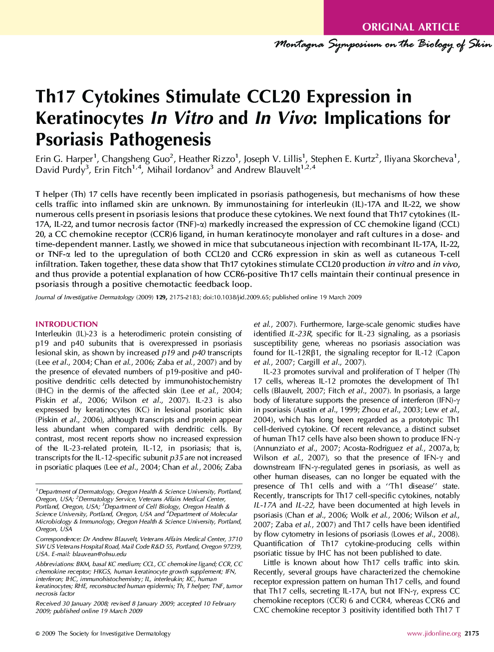 Th17 Cytokines Stimulate CCL20 Expression in Keratinocytes In Vitro and In Vivo: Implications for Psoriasis Pathogenesis