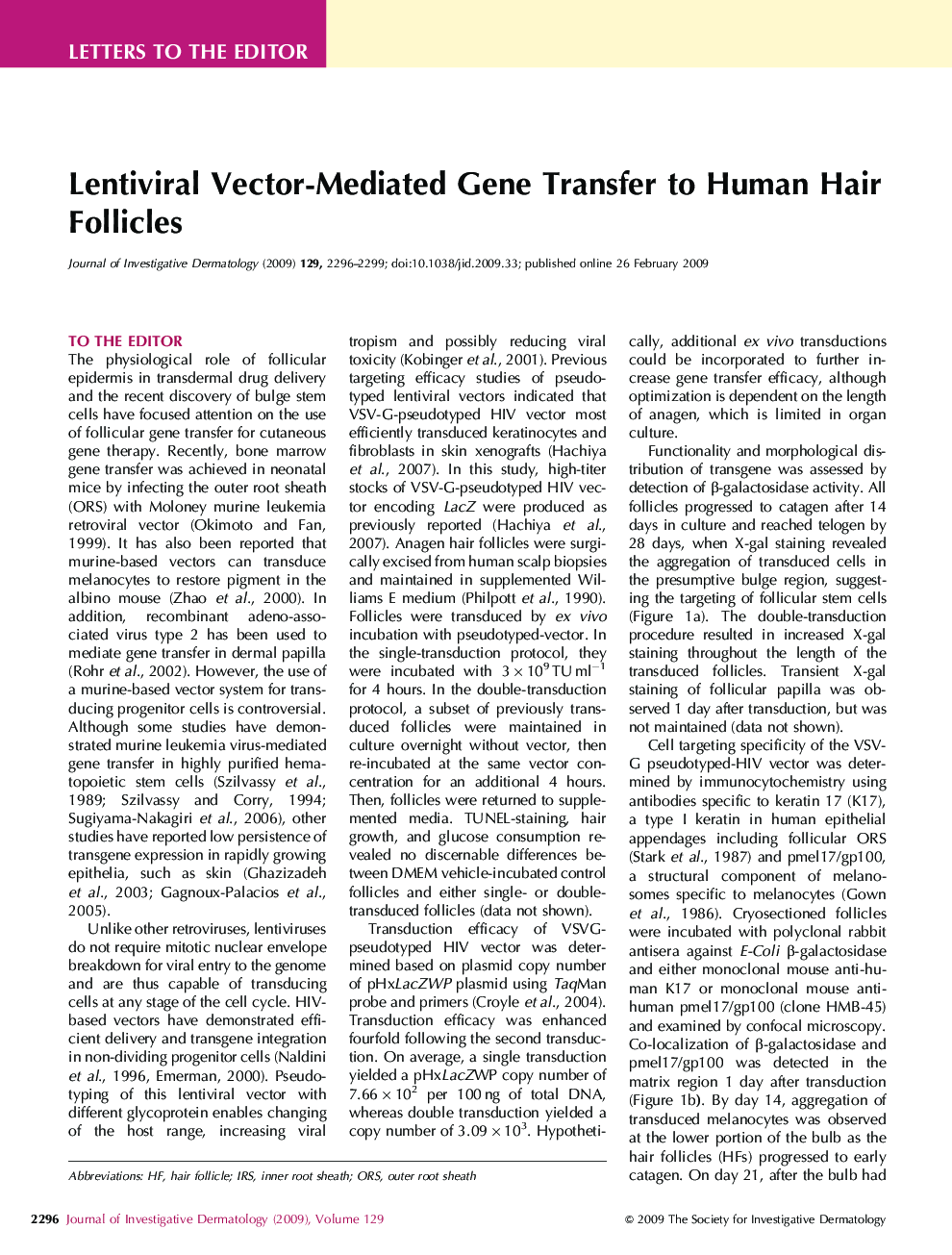 Lentiviral Vector-Mediated Gene Transfer to Human Hair Follicles
