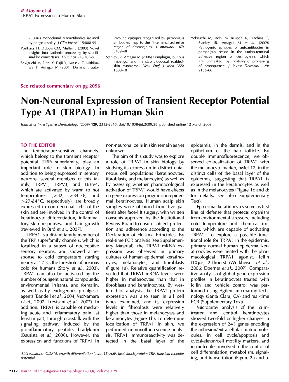 Non-Neuronal Expression of Transient Receptor Potential Type A1 (TRPA1) in Human Skin
