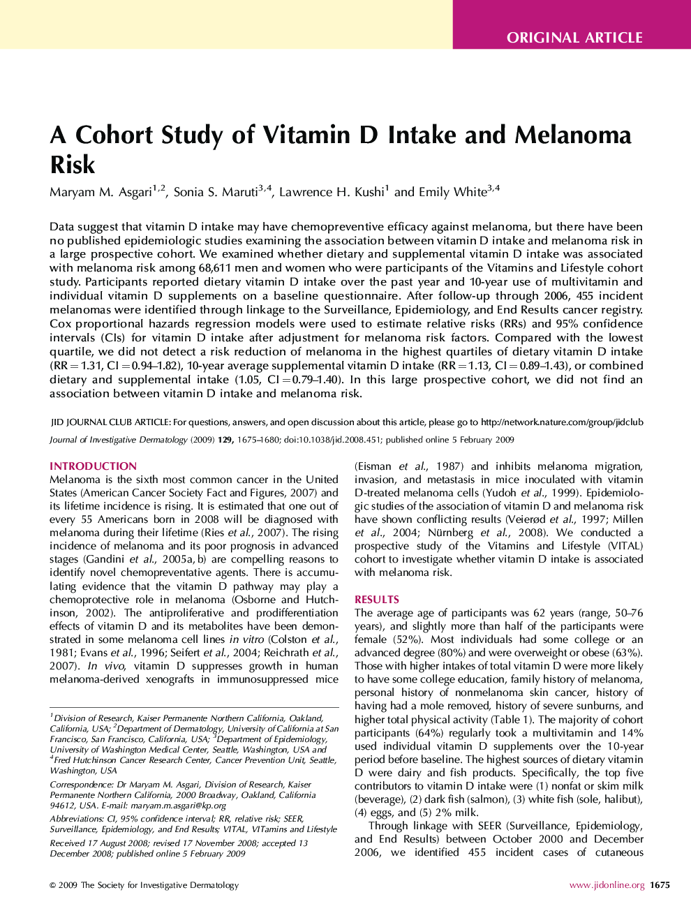 A Cohort Study of Vitamin D Intake and Melanoma Risk 