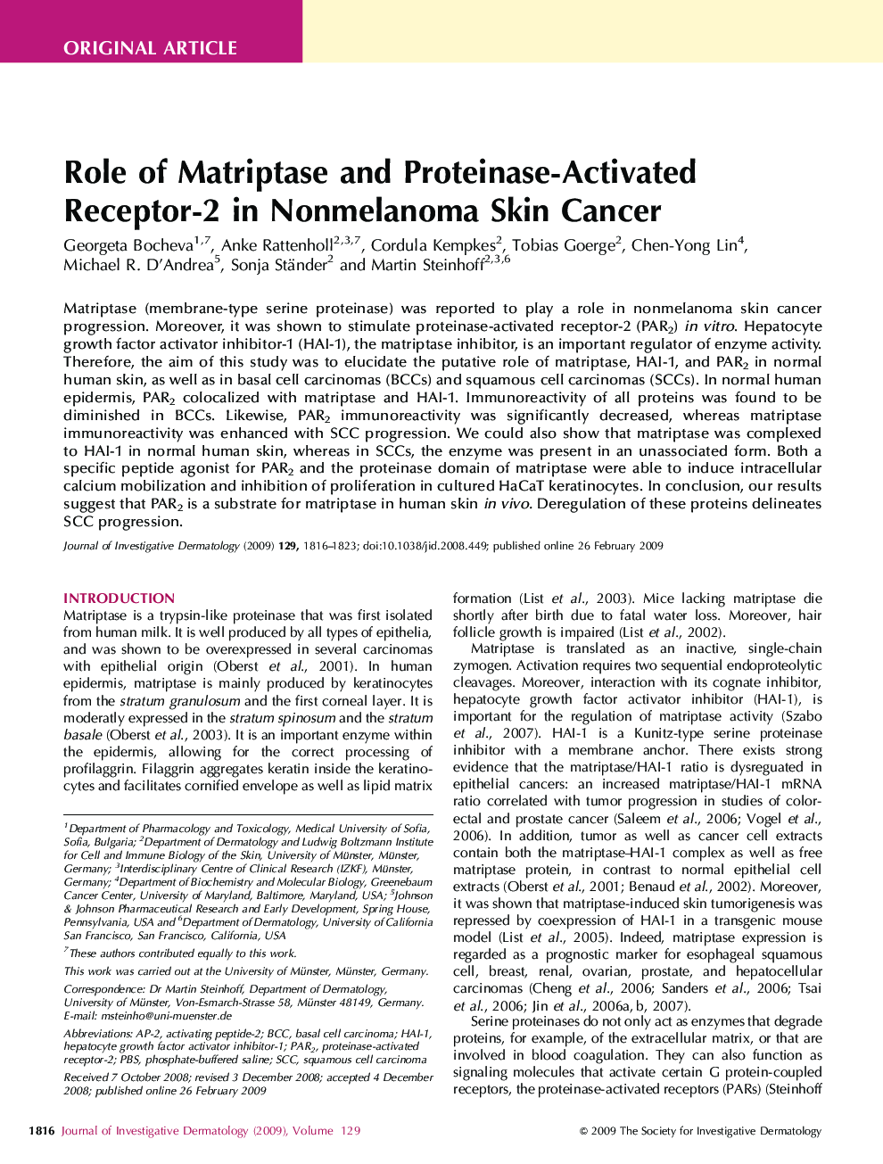 Role of Matriptase and Proteinase-Activated Receptor-2 in Nonmelanoma Skin Cancer 