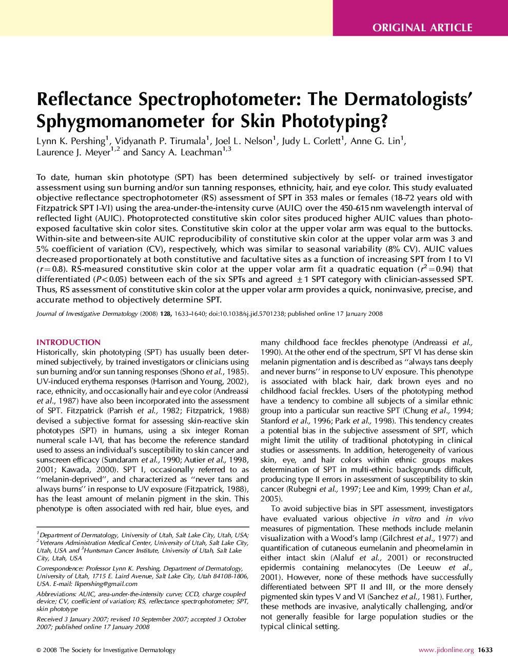 Reflectance Spectrophotometer: The Dermatologists' Sphygmomanometer for Skin Phototyping?