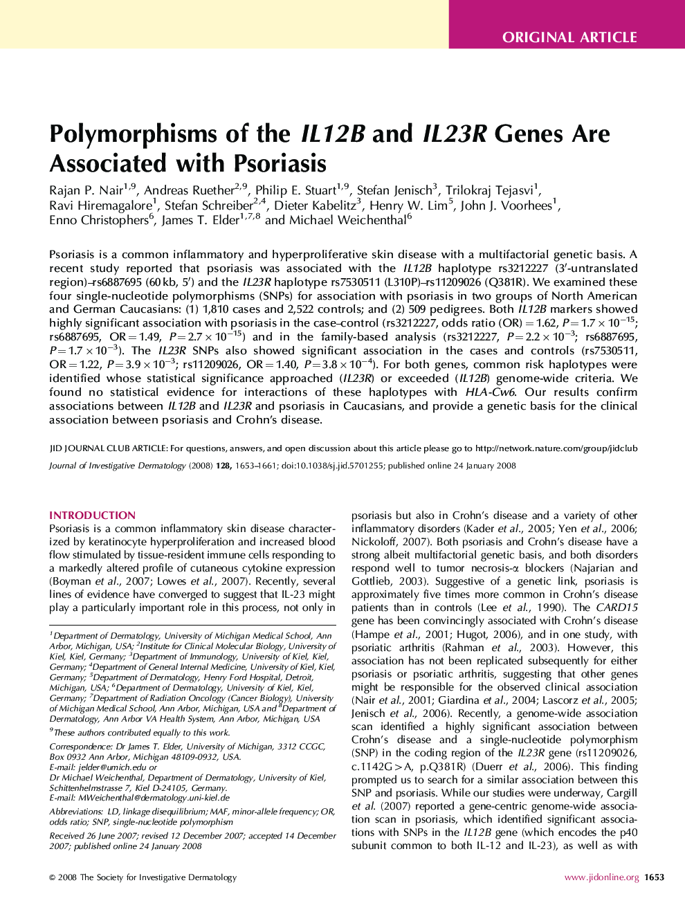 Polymorphisms of the IL12B and IL23R Genes Are Associated with Psoriasis