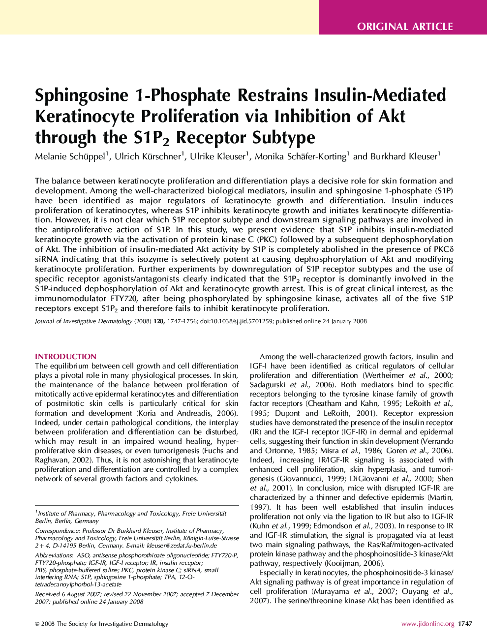 Sphingosine 1-Phosphate Restrains Insulin-Mediated Keratinocyte Proliferation via Inhibition of Akt through the S1P2 Receptor Subtype