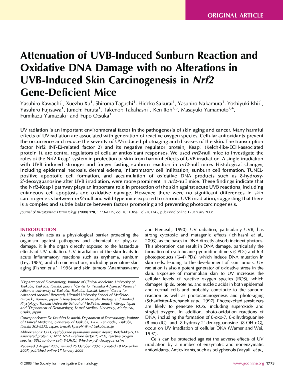 Attenuation of UVB-Induced Sunburn Reaction and Oxidative DNA Damage with no Alterations in UVB-Induced Skin Carcinogenesis in Nrf2 Gene-Deficient Mice