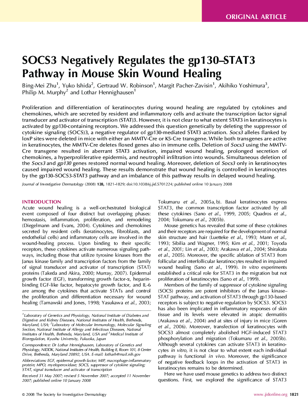 SOCS3 Negatively Regulates the gp130–STAT3 Pathway in Mouse Skin Wound Healing