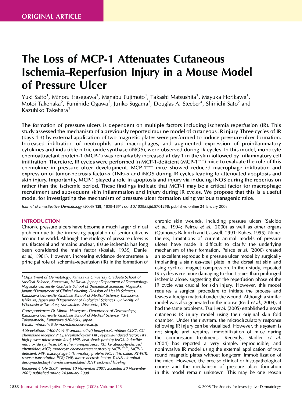 The Loss of MCP-1 Attenuates Cutaneous Ischemia-Reperfusion Injury in a Mouse Model of Pressure Ulcer