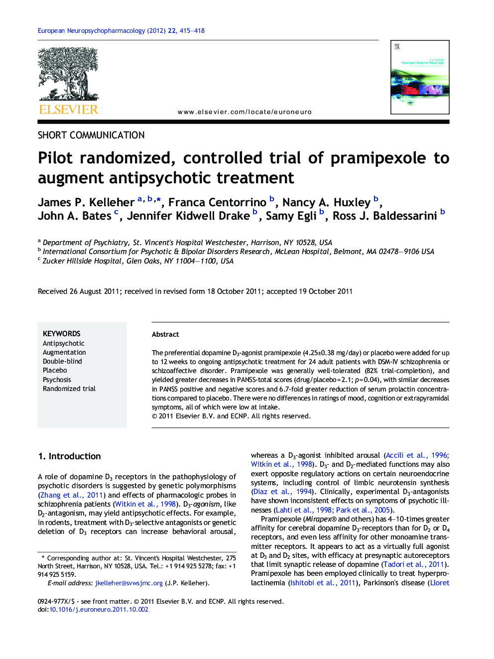 Pilot randomized, controlled trial of pramipexole to augment antipsychotic treatment