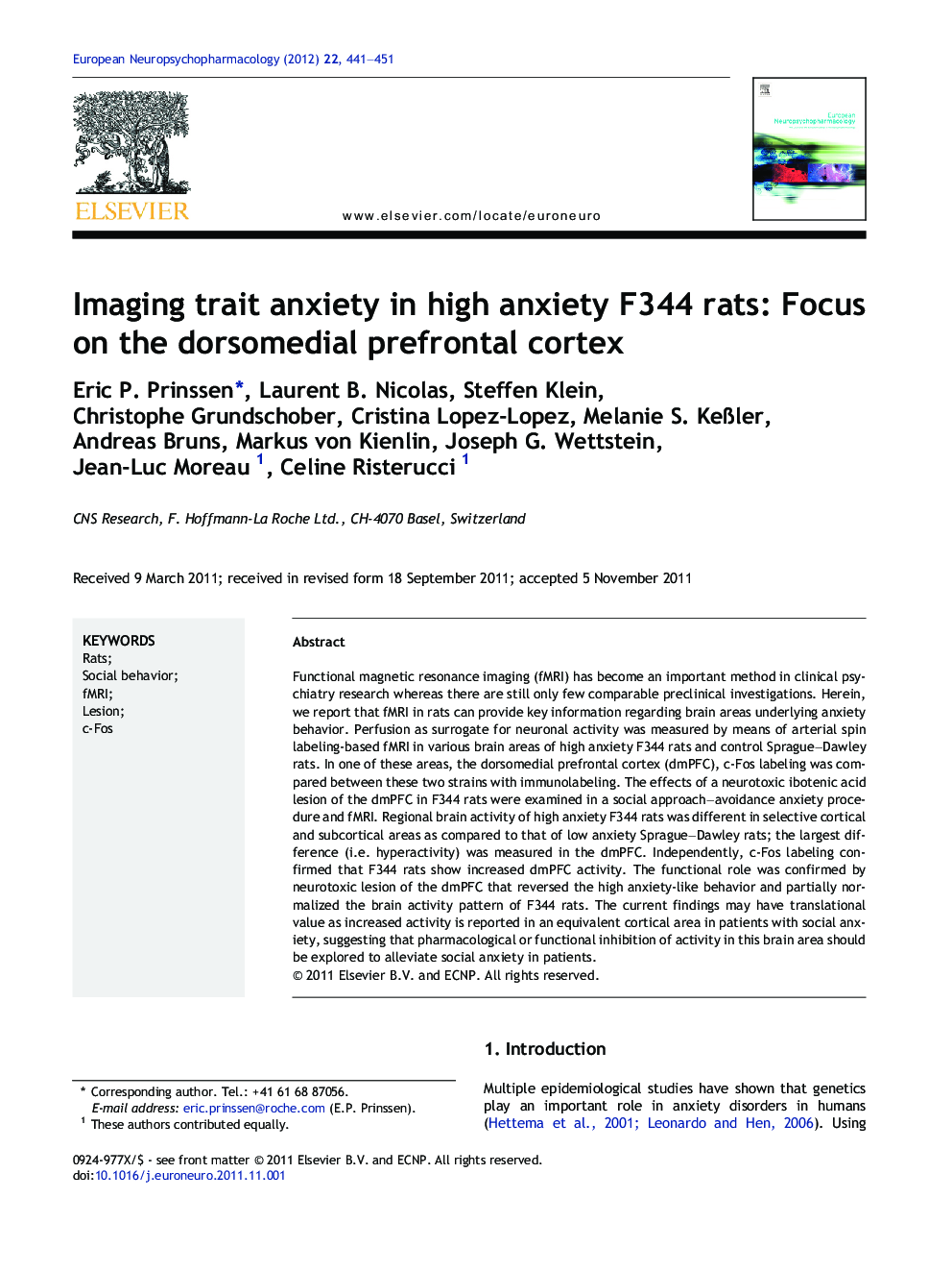 Imaging trait anxiety in high anxiety F344 rats: Focus on the dorsomedial prefrontal cortex