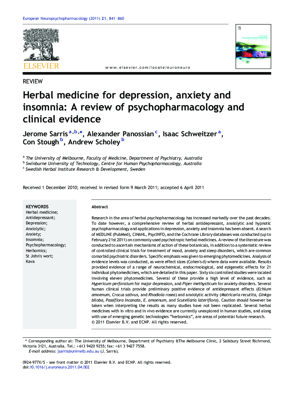 Herbal medicine for depression, anxiety and insomnia: A review of psychopharmacology and clinical evidence