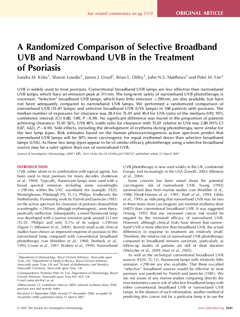 A Randomized Comparison of Selective Broadband UVB and Narrowband UVB in the Treatment of Psoriasis