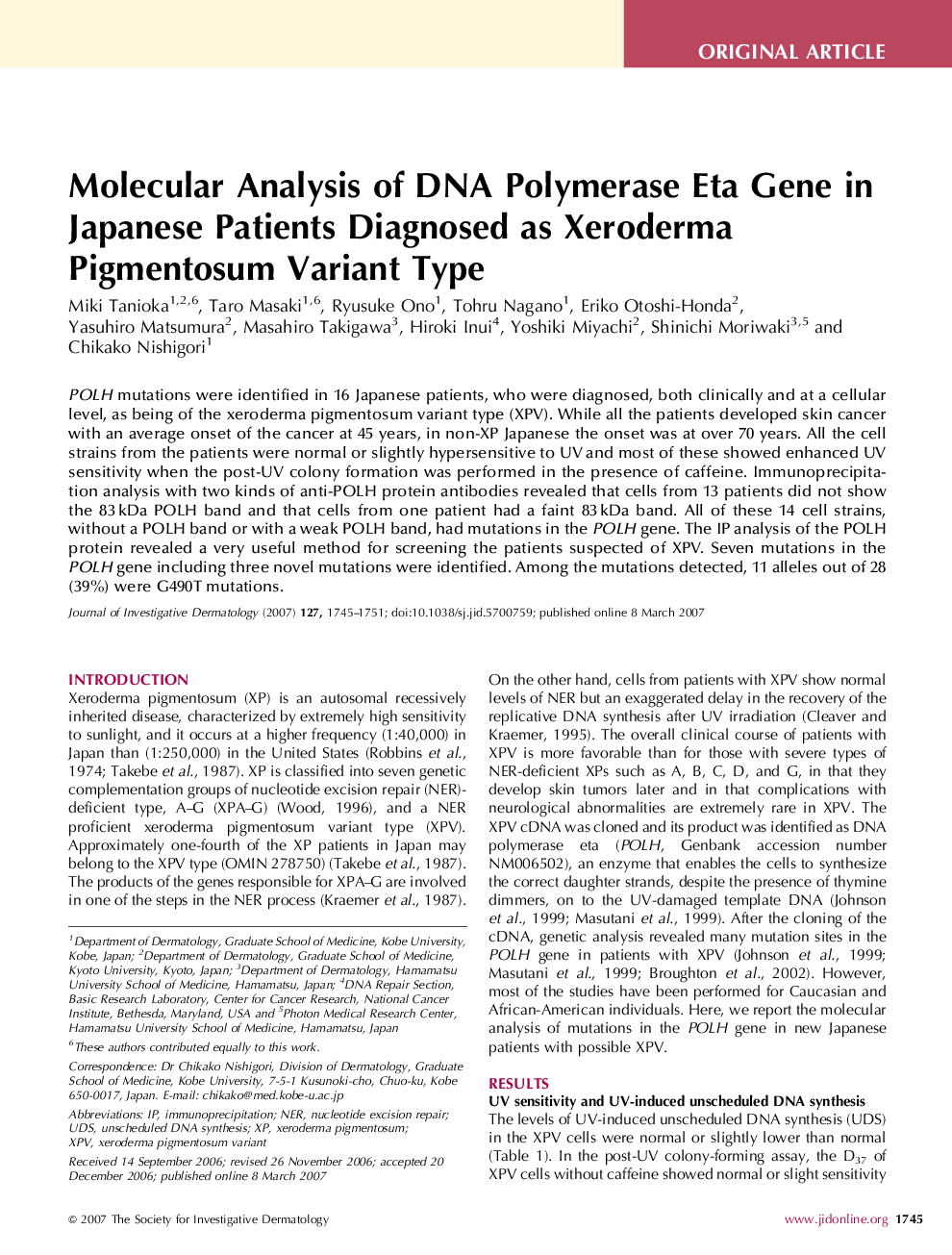 Molecular Analysis of DNA Polymerase Eta Gene in Japanese Patients Diagnosed as Xeroderma Pigmentosum Variant Type