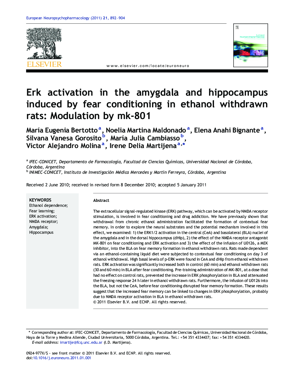 Erk activation in the amygdala and hippocampus induced by fear conditioning in ethanol withdrawn rats: Modulation by mk-801