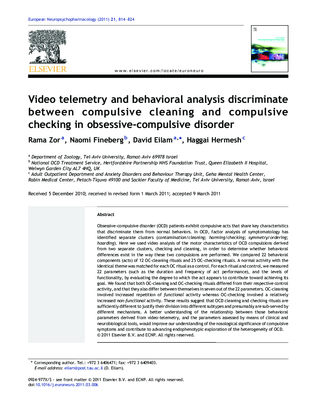 Video telemetry and behavioral analysis discriminate between compulsive cleaning and compulsive checking in obsessive-compulsive disorder