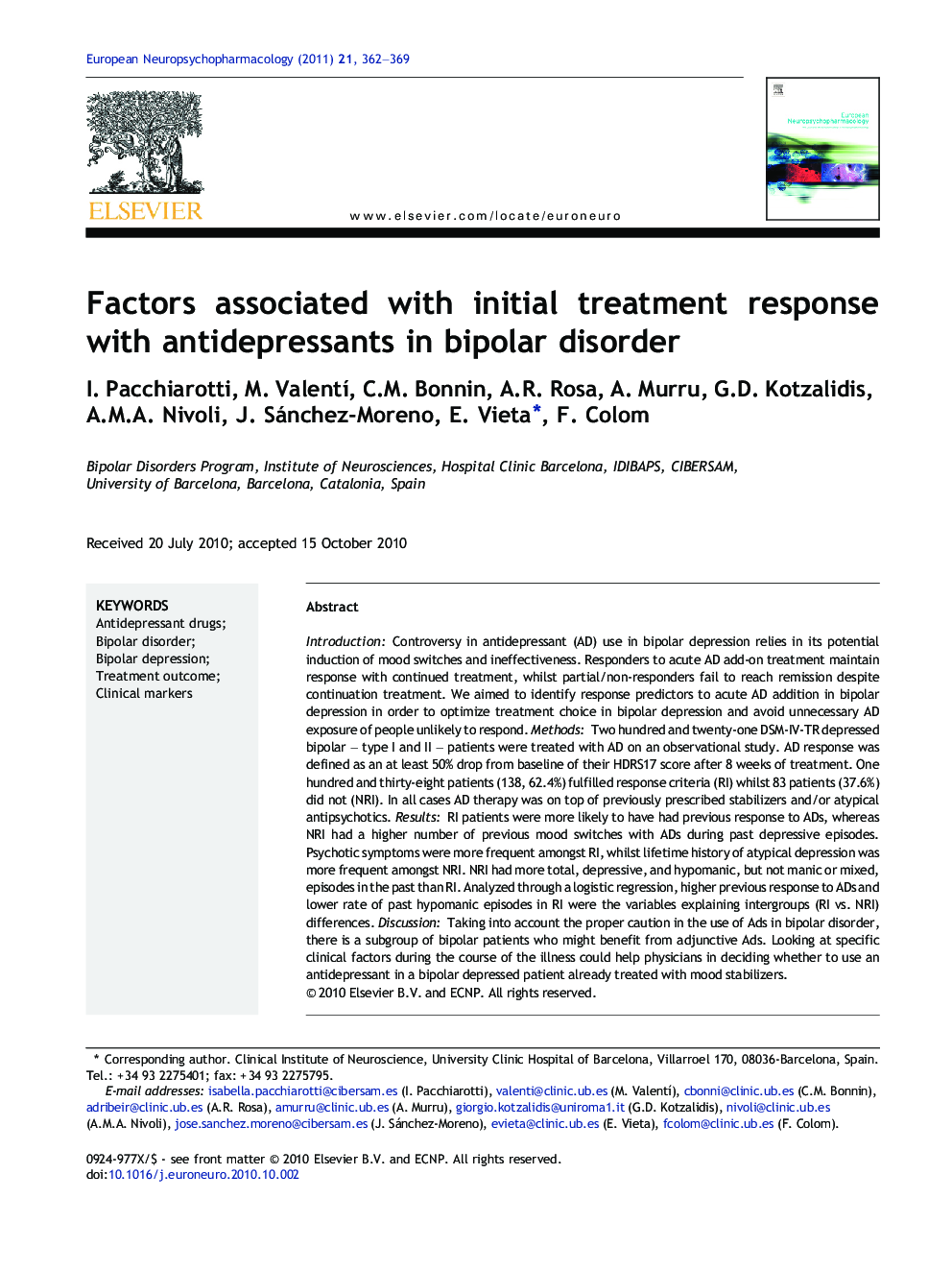 Factors associated with initial treatment response with antidepressants in bipolar disorder