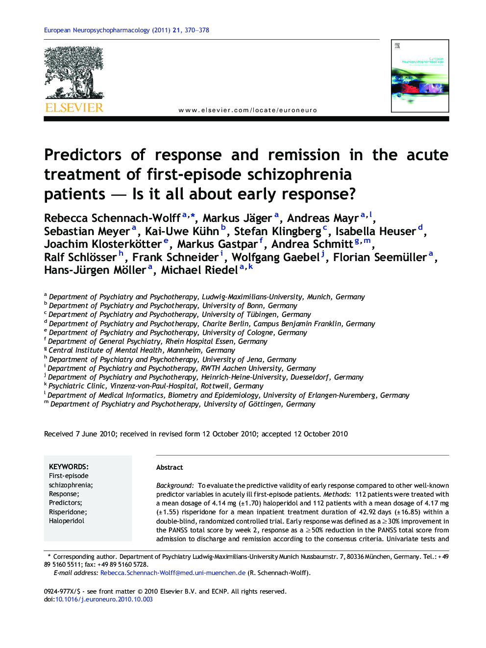 Predictors of response and remission in the acute treatment of first-episode schizophrenia patients — Is it all about early response?