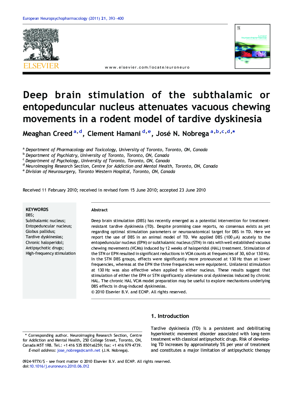 Deep brain stimulation of the subthalamic or entopeduncular nucleus attenuates vacuous chewing movements in a rodent model of tardive dyskinesia