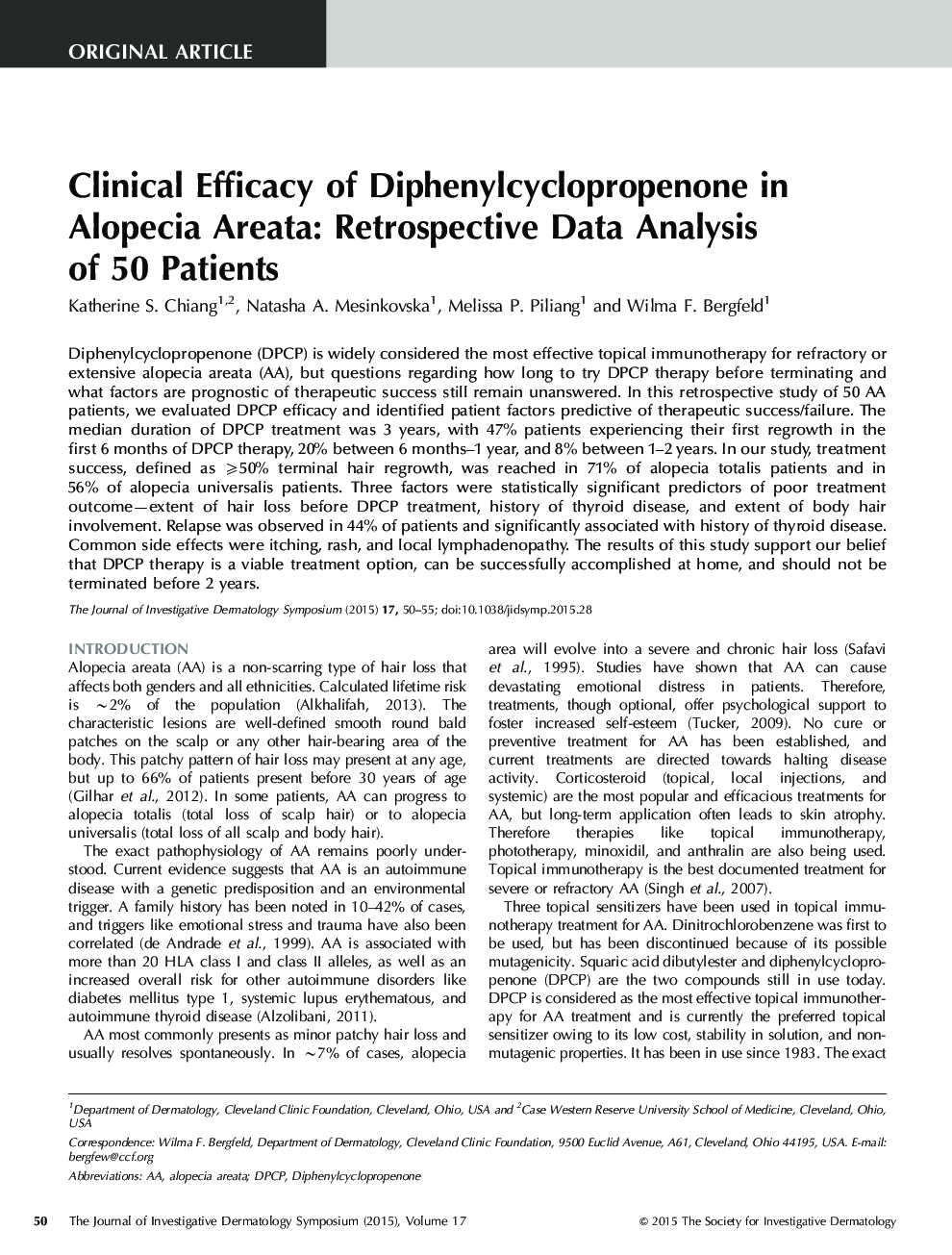 اثربخشی بالینی دیفنیل سیکلوپروپرونون در آلوپسی آرئات: تجزیه و تحلیل داده های گذشته نگر در 50 بیمار 