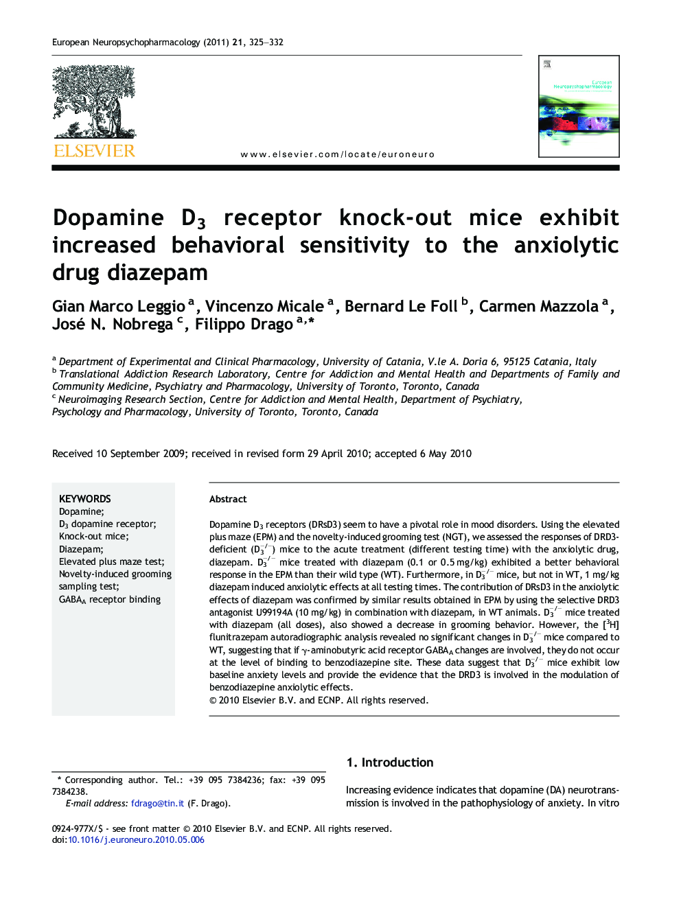 Dopamine D3 receptor knock-out mice exhibit increased behavioral sensitivity to the anxiolytic drug diazepam