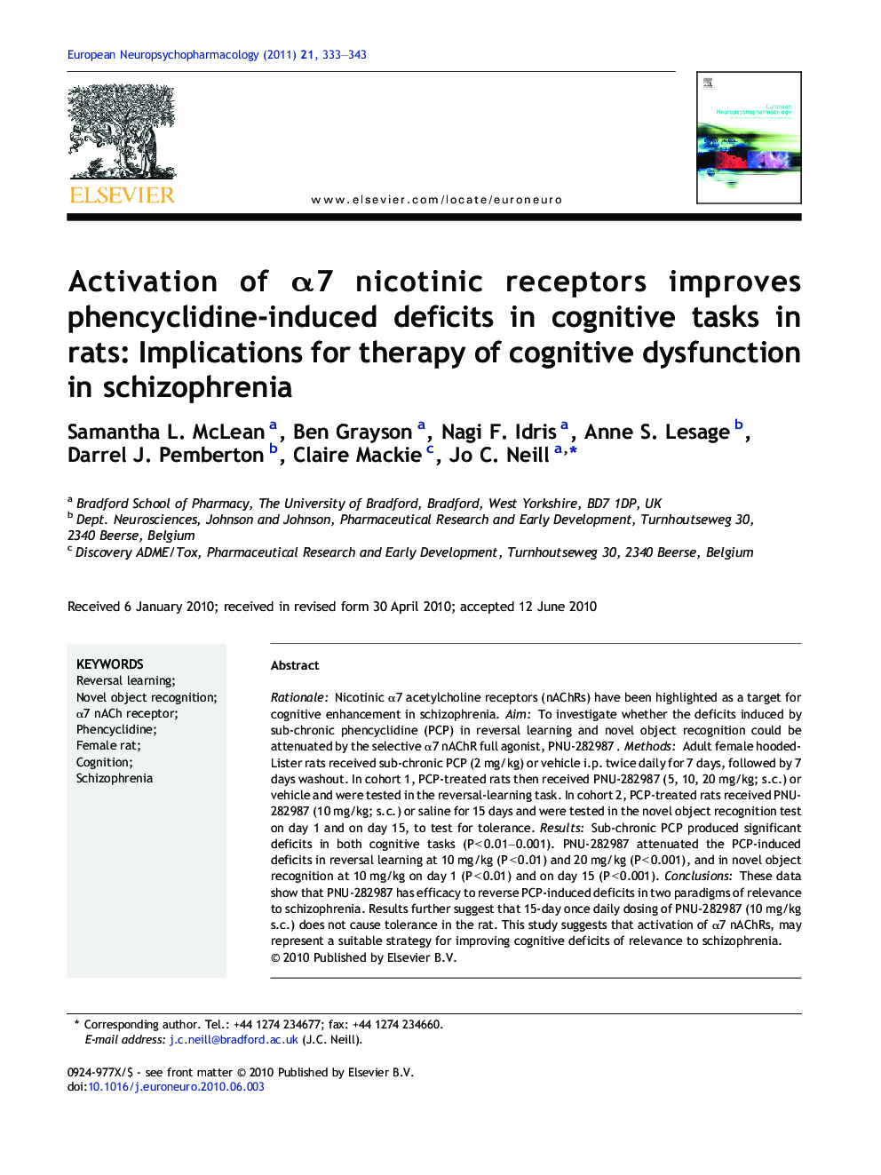 Activation of α7 nicotinic receptors improves phencyclidine-induced deficits in cognitive tasks in rats: Implications for therapy of cognitive dysfunction in schizophrenia