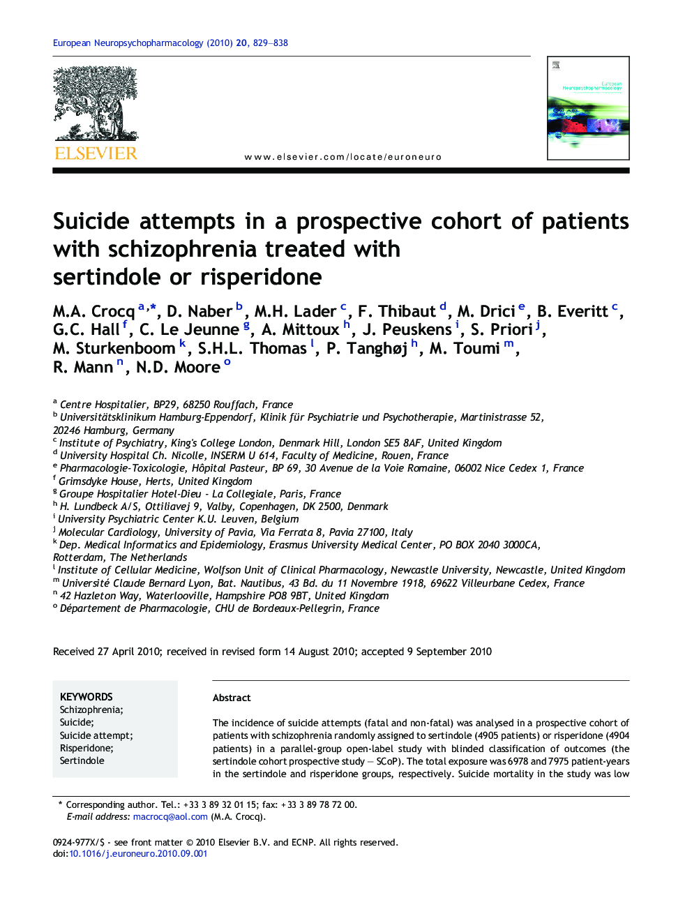 Suicide attempts in a prospective cohort of patients with schizophrenia treated with sertindole or risperidone