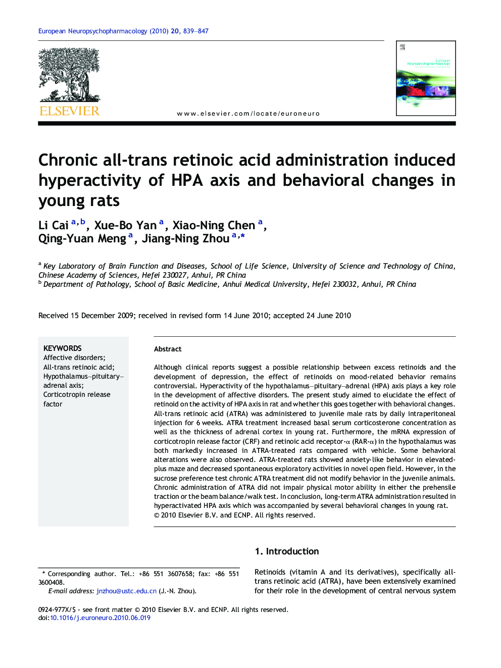 Chronic all-trans retinoic acid administration induced hyperactivity of HPA axis and behavioral changes in young rats