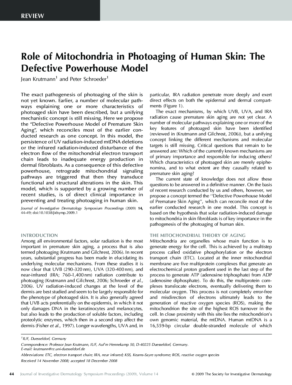 Role of Mitochondria in Photoaging of Human Skin: The Defective Powerhouse Model