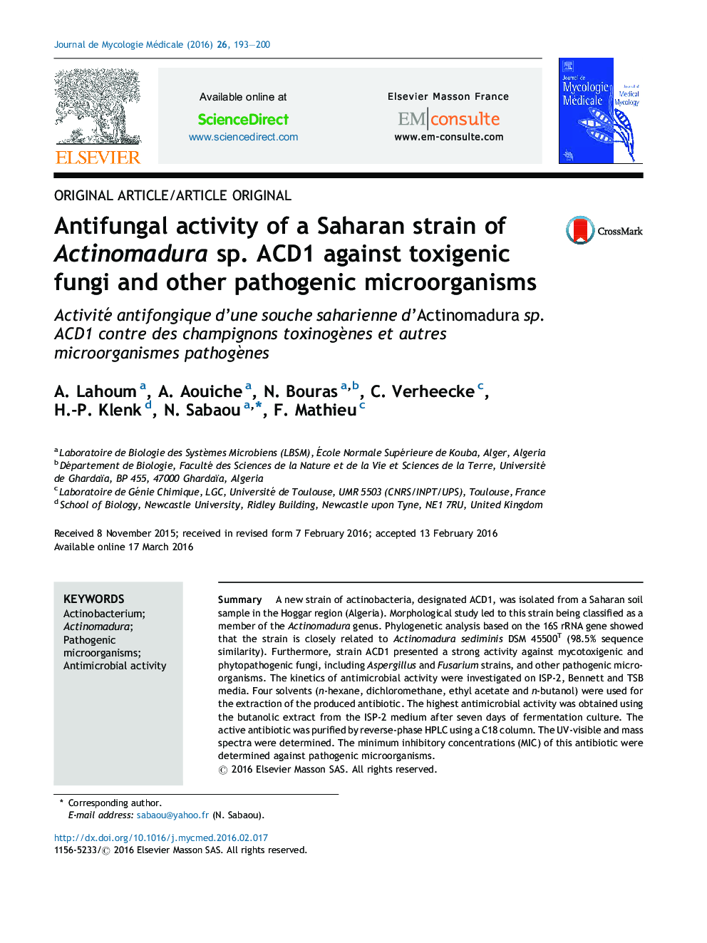 Antifungal activity of a Saharan strain of Actinomadura sp. ACD1 against toxigenic fungi and other pathogenic microorganisms