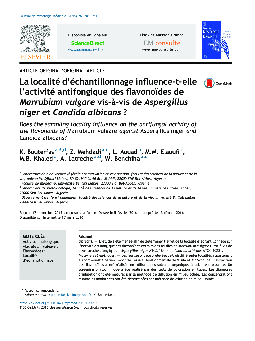 La localité d’échantillonnage influence-t-elle l’activité antifongique des flavonoïdes de Marrubium vulgare vis-à-vis de Aspergillus niger et Candida albicans ?