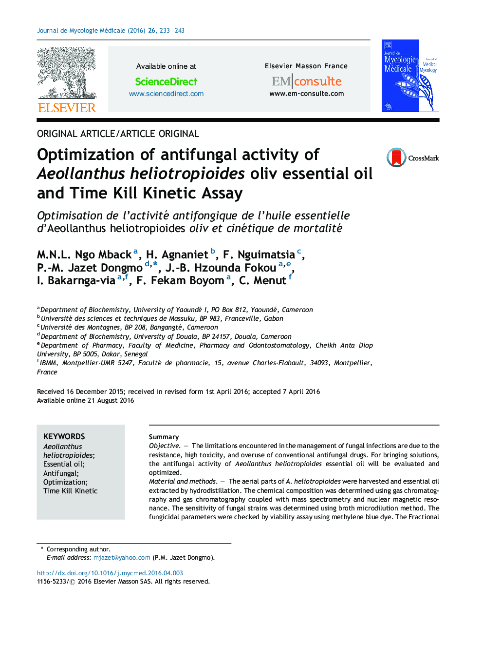 Optimization of antifungal activity of Aeollanthus heliotropioides oliv essential oil and Time Kill Kinetic Assay