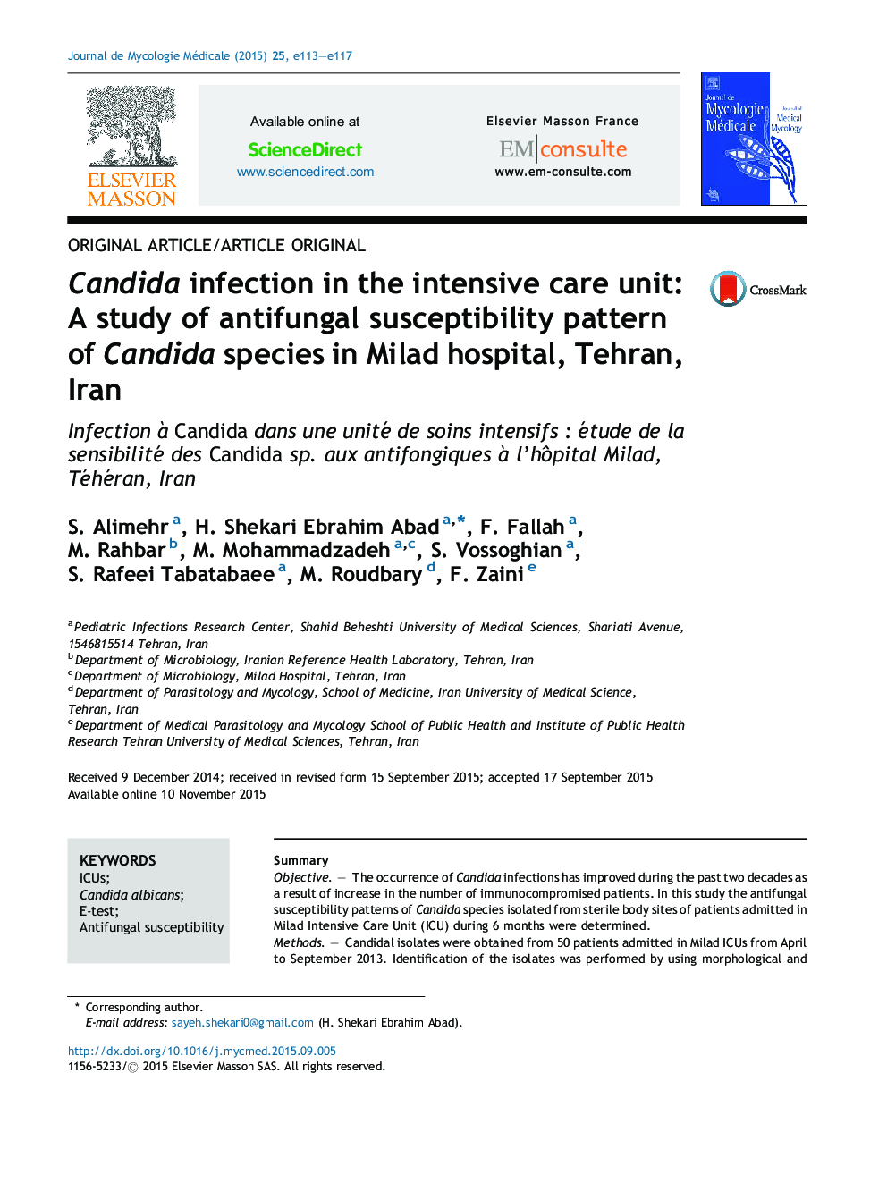 Candida infection in the intensive care unit: A study of antifungal susceptibility pattern of Candida species in Milad hospital, Tehran, Iran