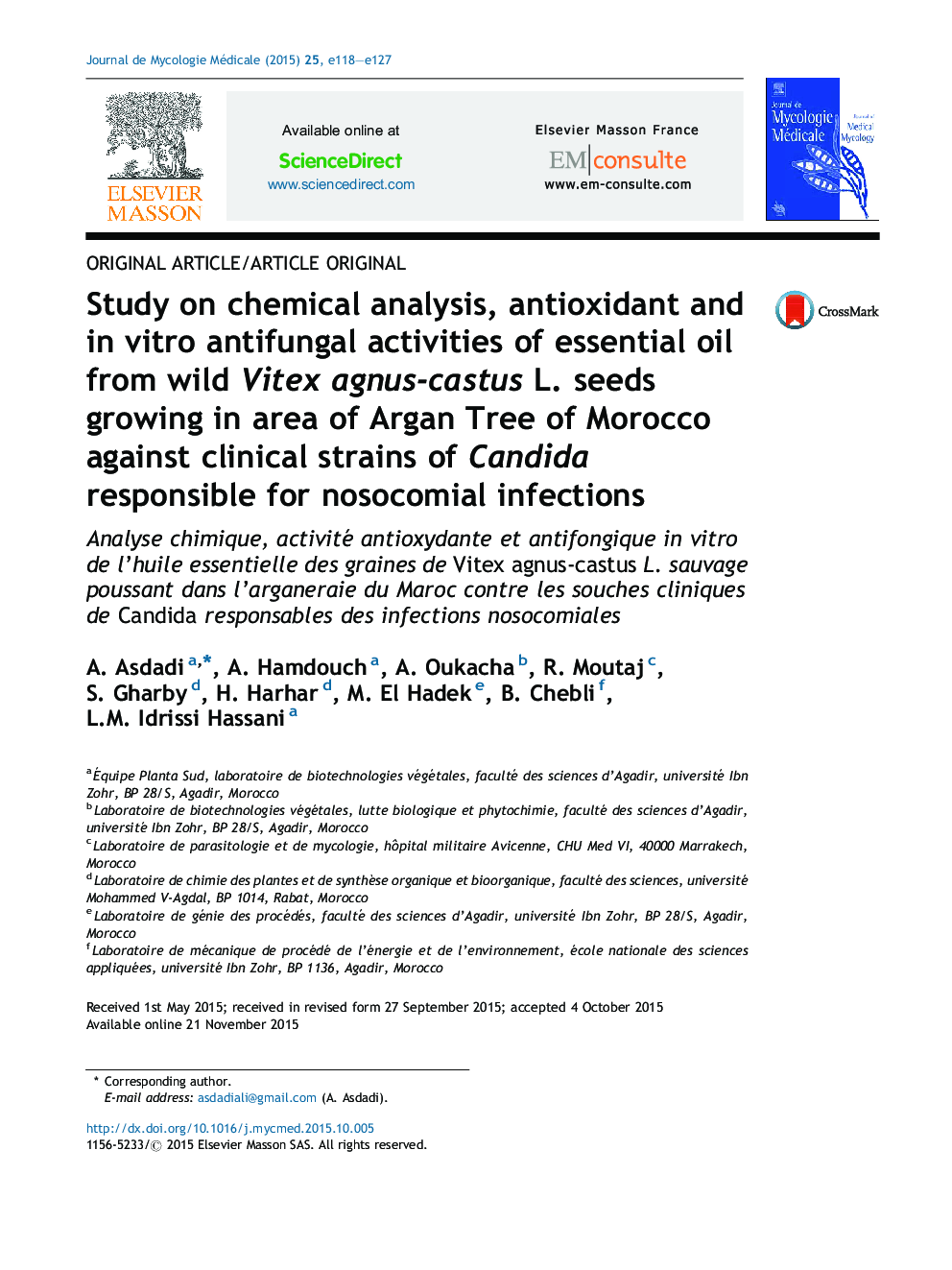 Study on chemical analysis, antioxidant and in vitro antifungal activities of essential oil from wild Vitex agnus-castus L. seeds growing in area of Argan Tree of Morocco against clinical strains of Candida responsible for nosocomial infections