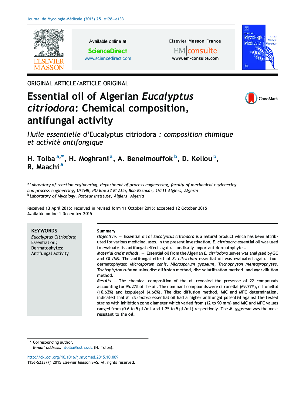 Essential oil of Algerian Eucalyptus citriodora: Chemical composition, antifungal activity