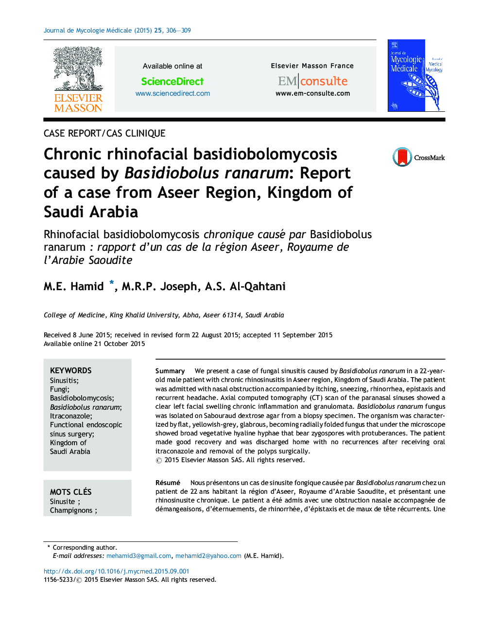 Chronic rhinofacial basidiobolomycosis caused by Basidiobolus ranarum: Report of a case from Aseer Region, Kingdom of Saudi Arabia