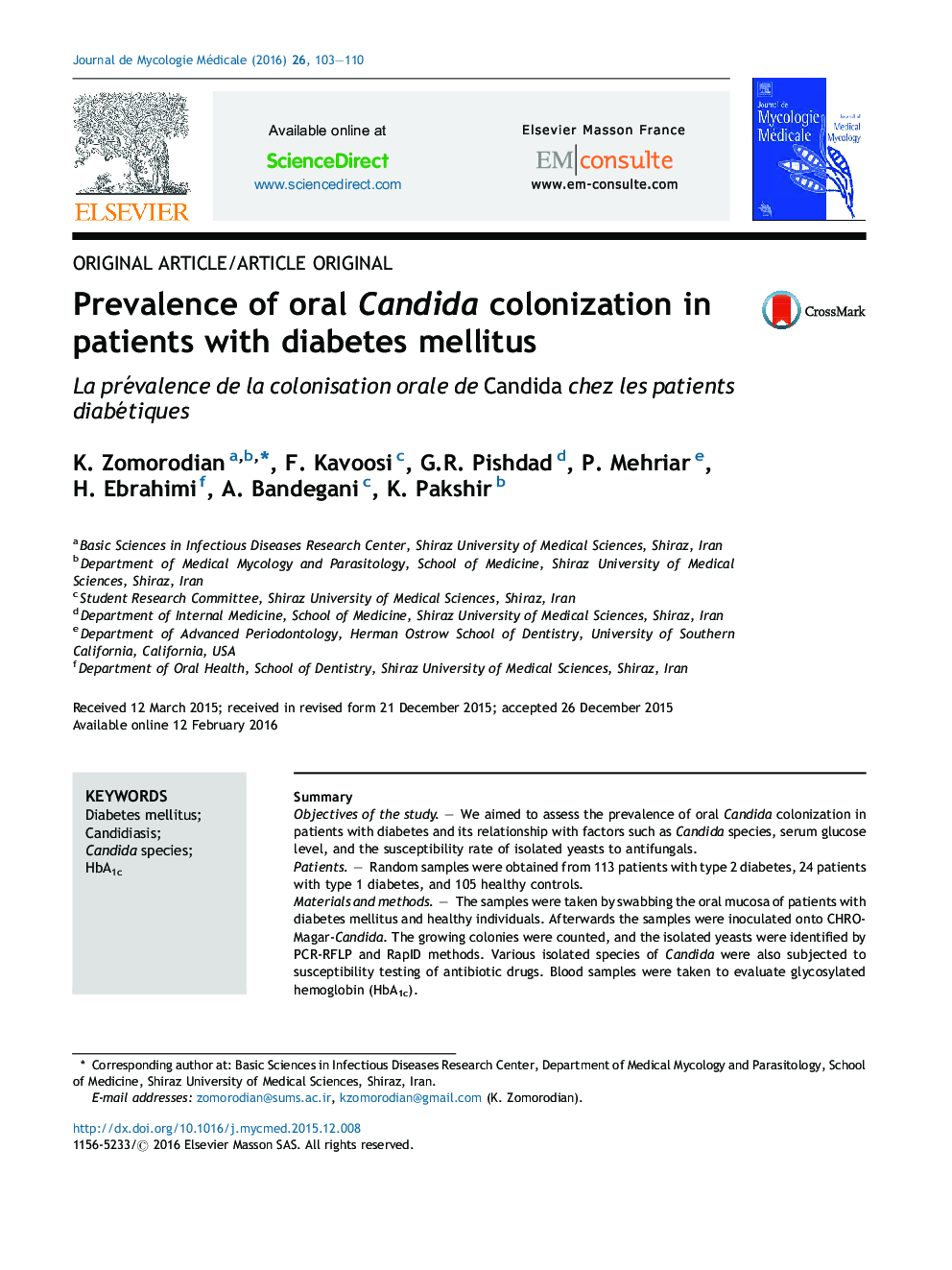 Prevalence of oral Candida colonization in patients with diabetes mellitus