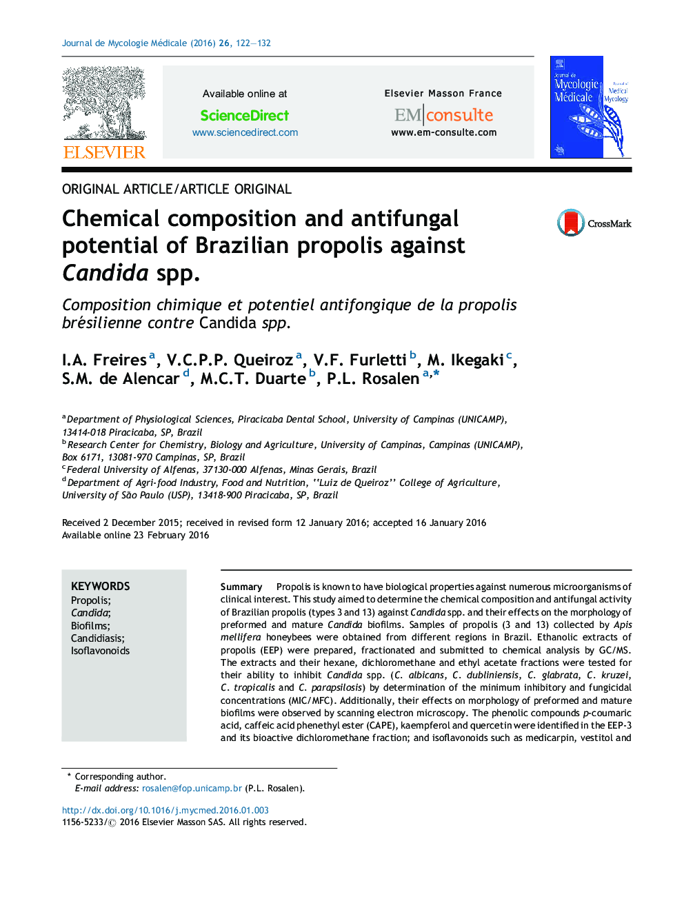 Chemical composition and antifungal potential of Brazilian propolis against Candida spp.