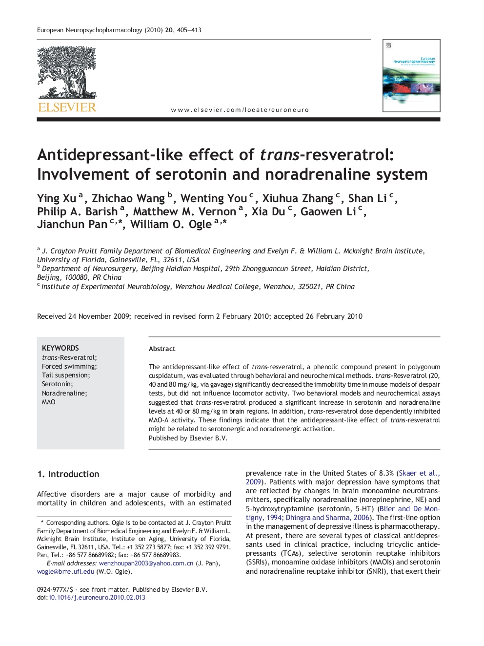 Antidepressant-like effect of trans-resveratrol: Involvement of serotonin and noradrenaline system