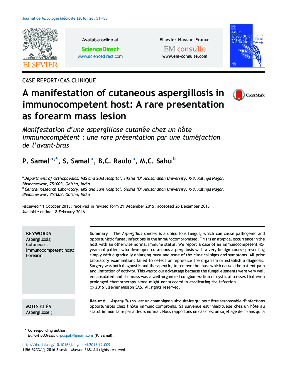 A manifestation of cutaneous aspergillosis in immunocompetent host: A rare presentation as forearm mass lesion