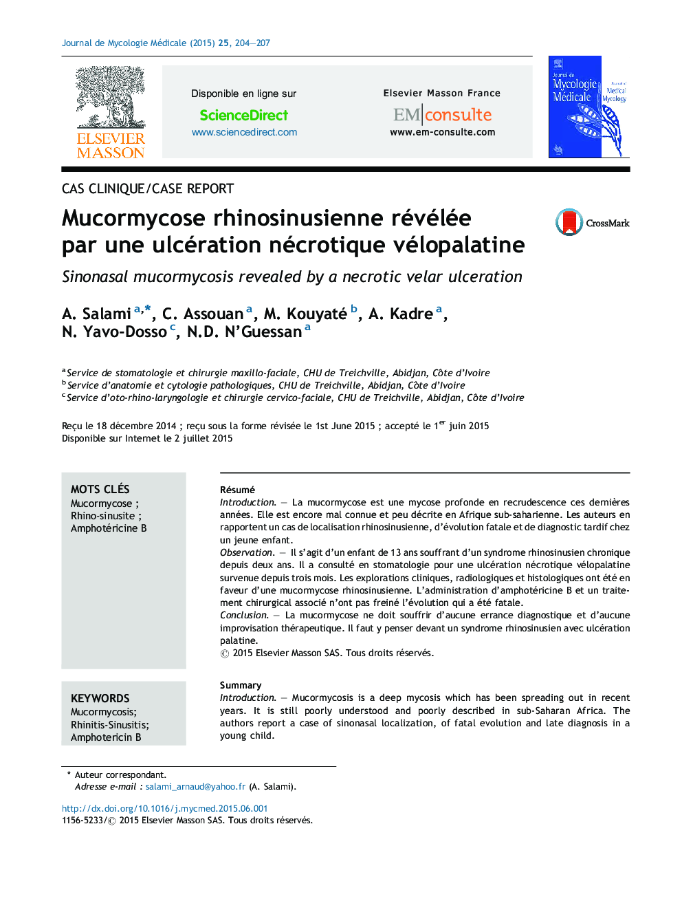 عکس صفحه اول مقاله: Mucormycose rhinosinusienne révélée par une ulcération nécrotique vélopalatine Mucormycose rhinosinusienne révélée par une ulcération nécrotique vélopalatine