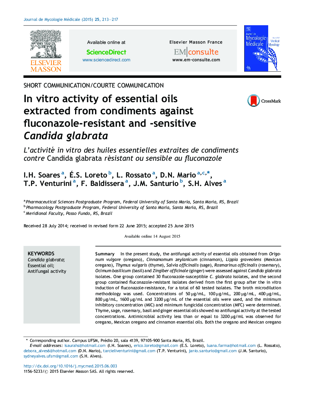 عکس صفحه اول مقاله: In vitro activity of essential oils extracted from condiments against fluconazole-resistant and -sensitive Candida glabrata In vitro activity of essential oils extracted from condiments against fluconazole-resistant and -sensitive Candida glabrata
