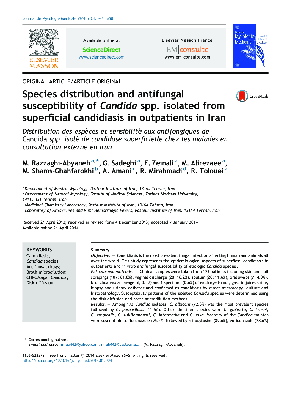 Species distribution and antifungal susceptibility of Candida spp. isolated from superficial candidiasis in outpatients in Iran