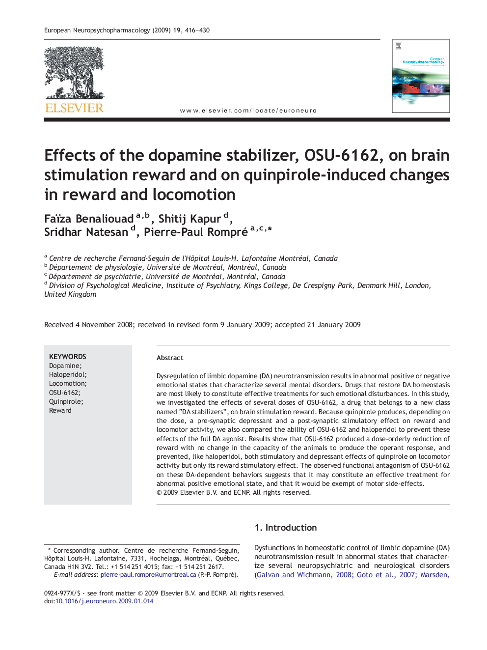 Effects of the dopamine stabilizer, OSU-6162, on brain stimulation reward and on quinpirole-induced changes in reward and locomotion