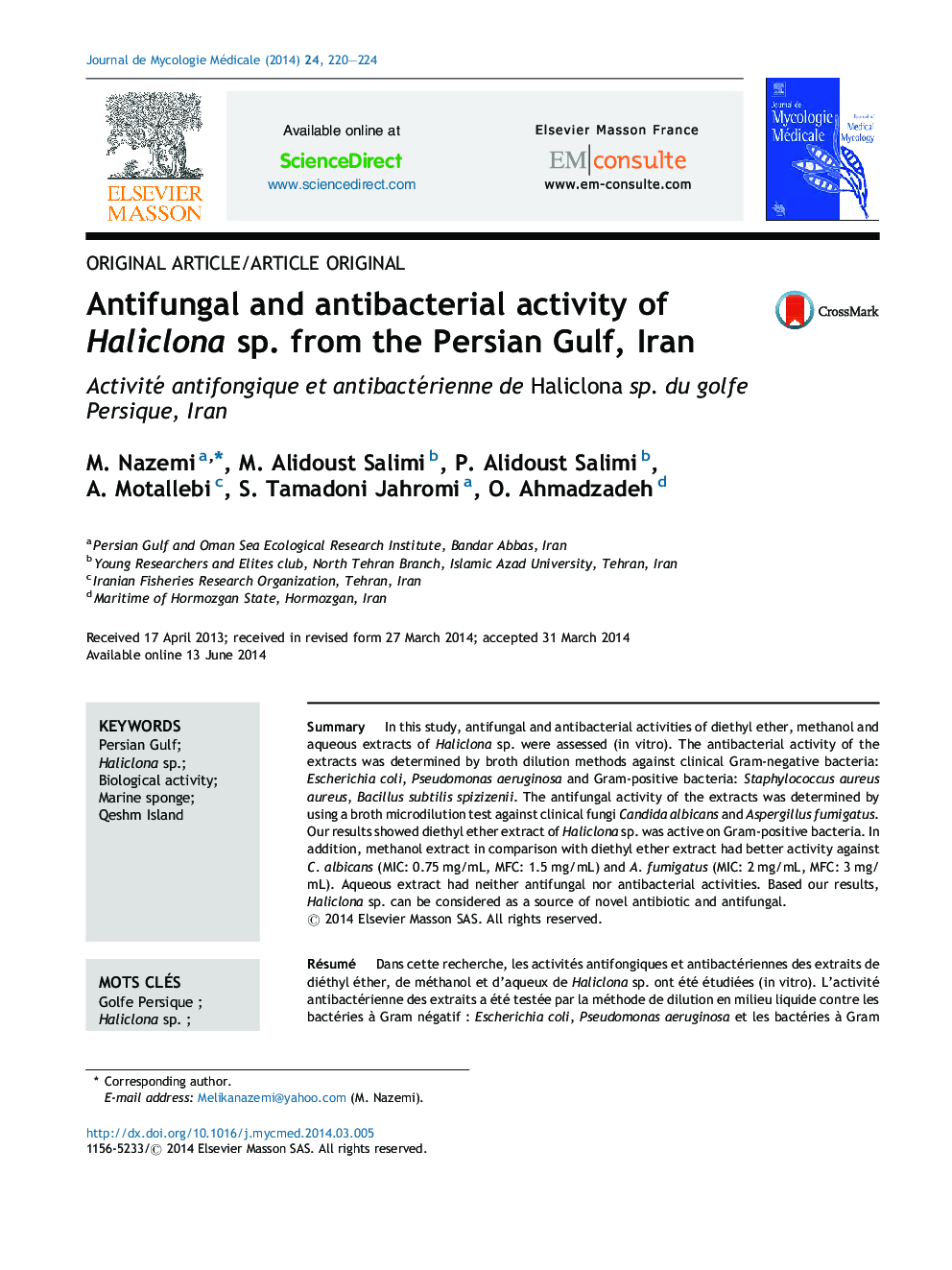 Antifungal and antibacterial activity of Haliclona sp. from the Persian Gulf, Iran
