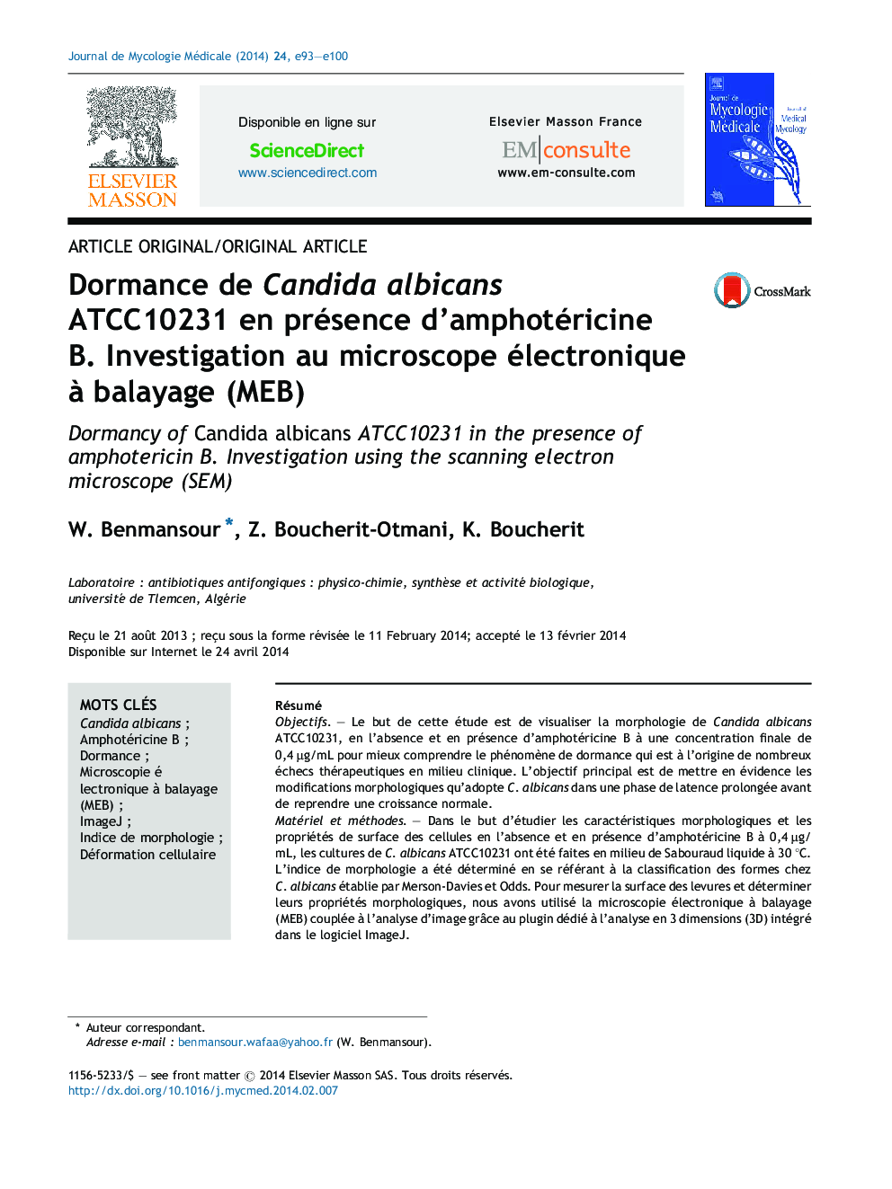 Dormance de Candida albicans ATCC10231Â en présence d'amphotéricine B. Investigation au microscope électronique Ã  balayage (MEB)